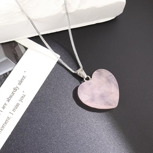 iSTONE 925 Sterling Silver Natural Crytral for Womens Pendant Necklace, Gemstone Birthstone with 17.8" Silver Chain Ladies - color: Heart - Rose Quartz