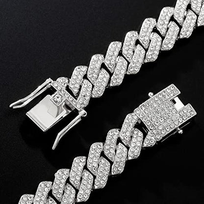 JUNVirtuous 2 Pieces Cuban Link Chain Mens Iced Out Miami Cuban Necklace and Bracelet Silver Bling Diamond Hip Hop Jewelry for Men and Women… - color: Silver, style: 8" Bracelet and 18" Necklace