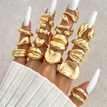 31 Pcs Chunky Gold Rings Fashion Stackable Rings for Women Statement Womens Rings Set Knuckle Band Ring Jewelry Gifts - style: Golden 16 pcs