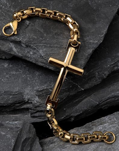 Stainless Steel Mens Cross Bracelet - 18K Gold Plated 316L Christian - Religious Jewelry for Women - color: 18K Gold plated