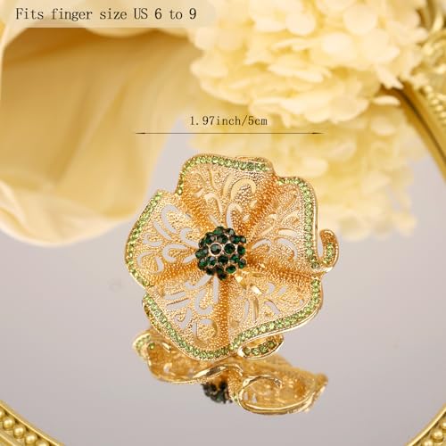 Elegant Big Crystal Flower Ring for Women Gold Rhinestone Floral Rings Open Finger Adjustable Crystal Flower Statement Ring Jewelry for Bridal Wedding - color: Flower 1 - green