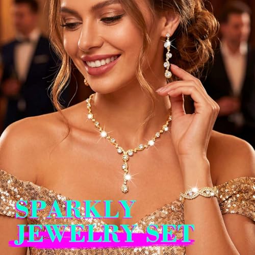 Sixexey Rhinestone Jewelry Set Bridal Necklaces Clip On Earrings Set Wedding Prom Jewelry Accessories for Women - color: Gold
