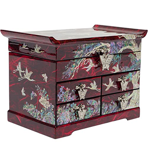 February Mountain Mother of Pearl Wooden Jewelry Organizer Box – Jewelry Storage Box for Women, Features Spacious Drawers, Ideal for Rings, Bracelets, Watches, Chains, Accessories (Crane_Red) - style: Crane_Red