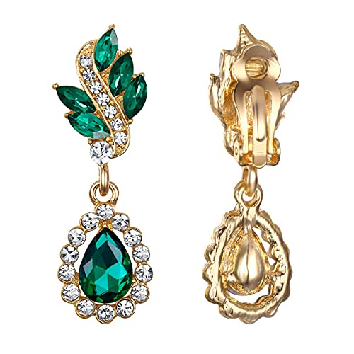 EleQueen Women's Austrian Crystal Art Deco Tear Drop Dangle Earrings Clip-on - color: 06-Gold-tone Emerald Color