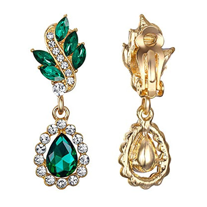 EleQueen Women's Austrian Crystal Art Deco Tear Drop Dangle Earrings Clip-on - color: 06-Gold-tone Emerald Color