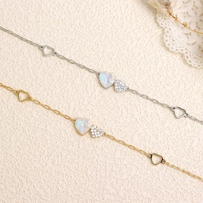 Silver Heart Charm Link Anklet for Women, Adjustable Handmade Cubic Zirconia Stackable Waterproof Summer Beach Chain Anklets Jewelry Accessories Gift - color: Gold Opal Heart