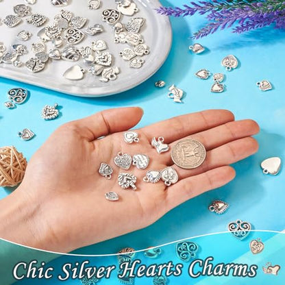 Elecrelive Crystal Heart Charms Rhinestone Heart Pendants Valentine Charms for Necklace Bracelet Earring Wedding Jewelry - color: Antique Silver, 100pcs