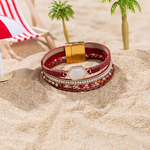 FANCY SHINY Crystal Beaded Leather Wrap Bracelet Stackable Boho Jewelry for Women Resin Stone Bangle Cuff with Magnetic Clasp - color: Burgundy