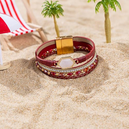 FANCY SHINY Crystal Beaded Leather Wrap Bracelet Stackable Boho Jewelry for Women Resin Stone Bangle Cuff with Magnetic Clasp - color: Burgundy