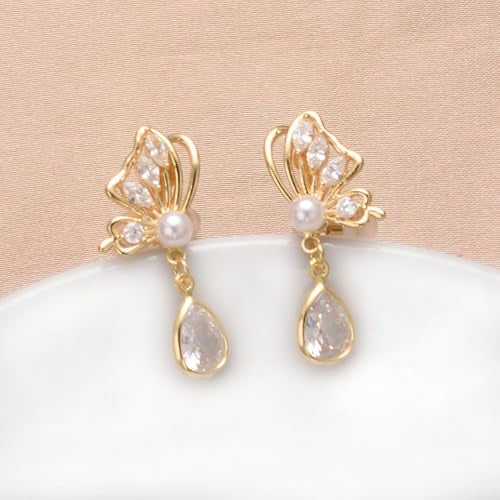 Yoursfs Clip On Pearl Butterfly Earrings for Women Bow Pearl Dangle Earrings Rhinestone Gold Dangle Earrings 18K Gold Plated Jewelry