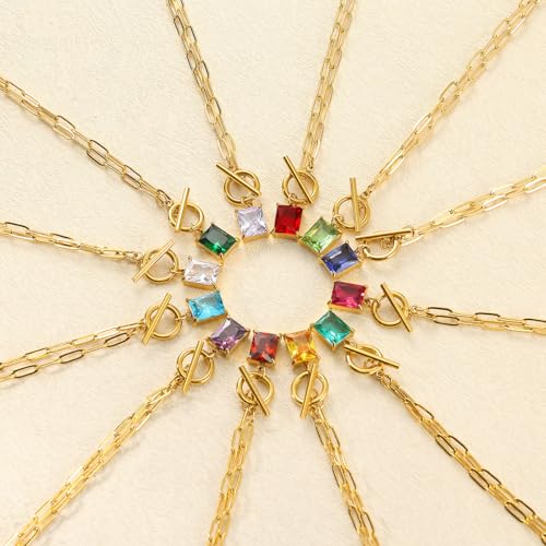 Diamond Necklaces for Women Natural Stone Paperclip Toggle Necklace 14K Gold Plated Emerald Birthstone Necklace for Women Paper Clip Chain Blue Green Cubic Zirconia Pendant Birthday Gifts for Women Mother Jewelry - color: 07. July(Ruby)