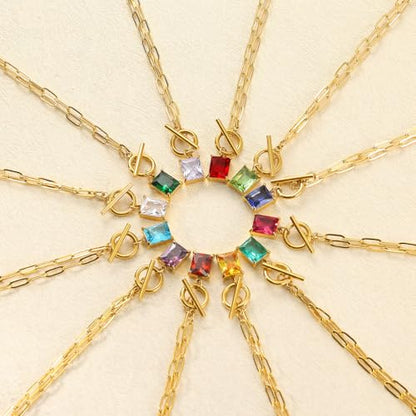 Diamond Necklaces for Women Natural Stone Paperclip Toggle Necklace 14K Gold Plated Emerald Birthstone Necklace for Women Paper Clip Chain Blue Green Cubic Zirconia Pendant Birthday Gifts for Women Mother Jewelry - color: 07. July(Ruby)