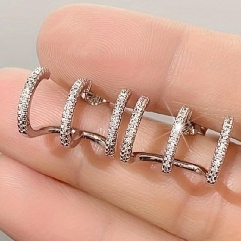 Unique Zirconia Triple Hoop Stud Earrings for Women Daily Party Earrings Jewelry Gift - color: silver