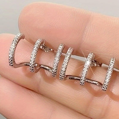 Unique Zirconia Triple Hoop Stud Earrings for Women Daily Party Earrings Jewelry Gift - color: silver