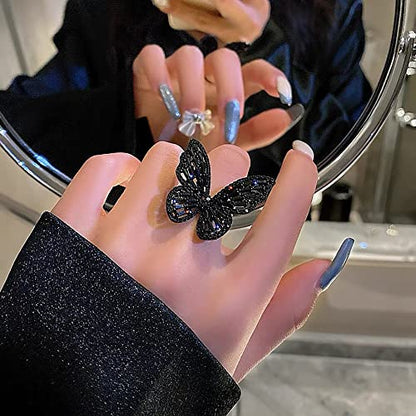 Butterfly Rings for Women Adjustable Golden Cocktail Ring Sparkly Stones Statement Silver Bow Open Wrap Bow Jewelry Bridesmaids Wedding Valentine’s Day Gift Lover Mother - color: JZ03-Black