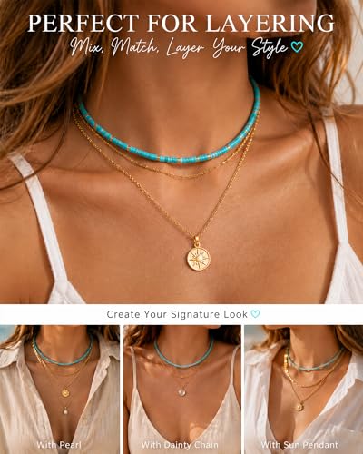 Natural Heishi Gemstone Choker Necklace for Women, Adjustable 15"+2" Beaded Layering Necklace, Coastal Beach Jewelry Gift for Her - color: Turquoise