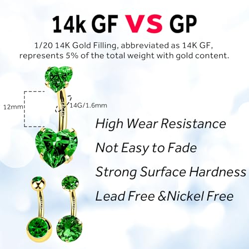 2pcs 14k Gold Filled Belly Button Rings, 14G 8mm/10mm/12mm Threaded Barbell Belly Button Piercing, Navel Ring Piercing Jewelry - color: 14K GF-2pcs-Green Heart CZ-12mm