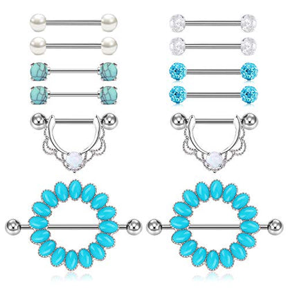 QWALIT Tongue Rings Nipple Rings 14G Nipplerings Straight Barbell Surgical Steel Nipple Piercing Bar Nipple Bars for Women Tongue Bar 16mm 14mm - color: B1: Turquoise- silver