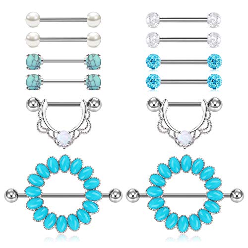 QWALIT Tongue Rings Nipple Rings 14G Nipplerings Straight Barbell Surgical Steel Nipple Piercing Bar Nipple Bars for Women Tongue Bar 16mm 14mm - color: B1: Turquoise- silver