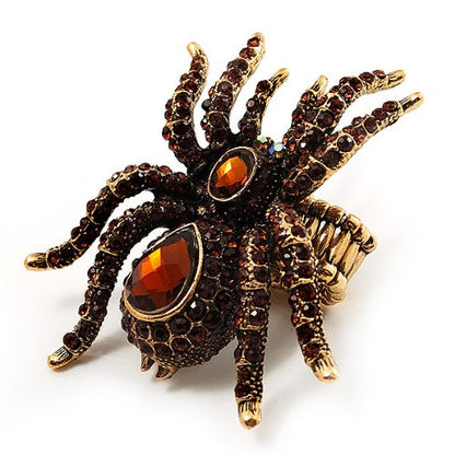 Avalaya Oversized Amber Coloured Crystal Spider Stretch Cocktail Ring (Antique Gold Tone)