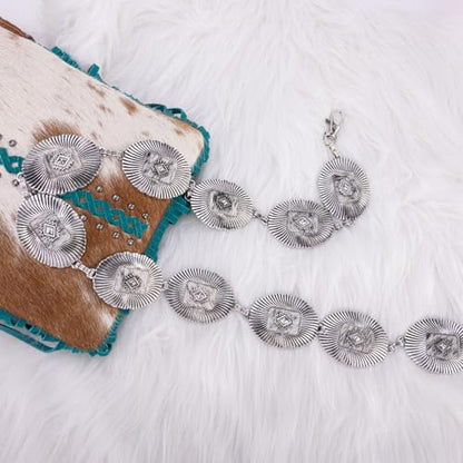 Montana West Rustic Couture's Turquoise Western Concho Chain Belt for Women | Large Western Cowgirl Metal Adjustable Boho Body Chain Belt for Dresses Jeans Country Concert - color: Bright Silver