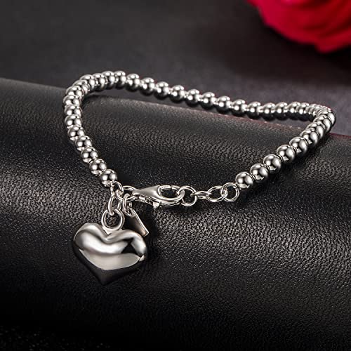 H&Beautimer 925 Sterling Silver 4-10MM Ball Chain Bracelet For Women's - Italian Handmade Bead Chain Bracelet 5''5.7''6.3''6.7''7.5''8''8.3''8.5''9 Inch Rose Gold Party Jewelry - color: 4MM Silver-Heart Pendant, size: 5.7 inches