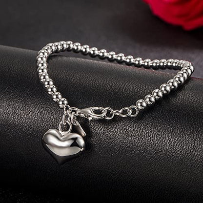 H&Beautimer 925 Sterling Silver 4-10MM Ball Chain Bracelet For Women's - Italian Handmade Bead Chain Bracelet 5''5.7''6.3''6.7''7.5''8''8.3''8.5''9 Inch Rose Gold Party Jewelry - color: 4MM Silver-Heart Pendant, size: 6.7 inches