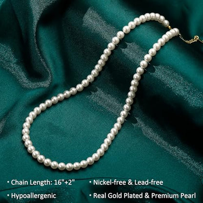 Ritach Pearl Necklaces for Women - Real Gold Plated Dainty Pearl Necklace Daisy Round Drop Pearl Choker Necklace Layered Gold Necklace for Women Teen Girls Bridesmaid Wedding Birthday Gifts - style: Gold-Pearl Strand