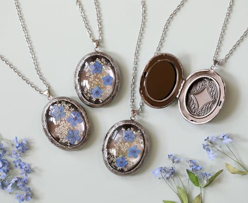 Handmade Oval Shaped Photo Locket with dried Pressed Flowers Locket pendant Necklace - style: OvalForgetMeNot-Silver