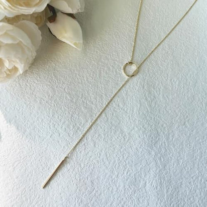 HERIER Lariat Gold Necklace for Women, Dainty Long Necklace 14k Gold Plated/Silver Y-Shaped Layered Beaded Chain Drop Necklaces for Women Trendy Simple Gold Jewelry for Women Gifts - color: Circle Bar Y Necklace-Gold