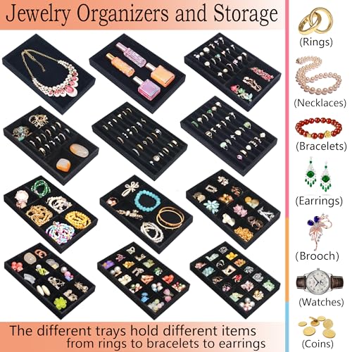 12 Pcs Velvet Jewelry Tray Stackable Jewellery Organier Trays Earrings Necklace Rings Storage Box Jewelry Drawer Display Case for Bracelet Earring Watch Accessories with Removable Dividers, Black