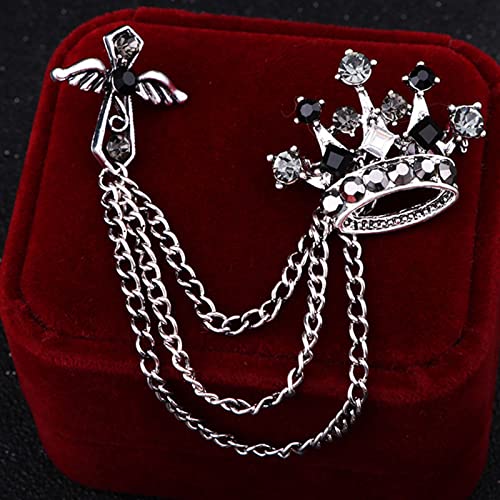 Collar Chain Pin for Men and Women - Hanging Tassel Brooch Lapel Pin for Business Suits - Bar Pin With Long Chain - Gifts - color: H: crown black