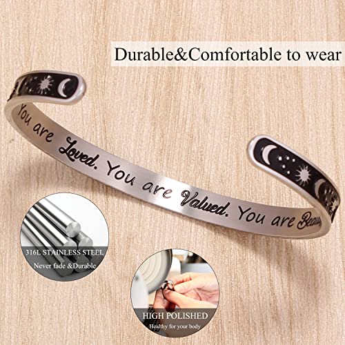 Btysun Bracelets for Women Mothers Day Bracelet Gifts from Daughter Inspirational Gifts for Women Graduation Gifts for Her Motivational Birthday Cuff Bangle Friendship Personalized Mantra Jewelry… - style: 0 Moon & Sun - You are loved.You are valued.You a