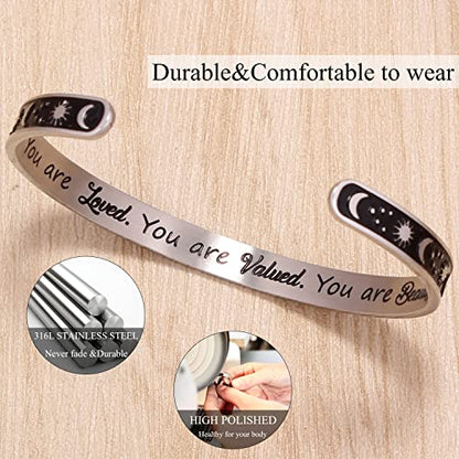Btysun Bracelets for Women Mothers Day Bracelet Gifts from Daughter Inspirational Gifts for Women Graduation Gifts for Her Motivational Birthday Cuff Bangle Friendship Personalized Mantra Jewelry… - style: 0 Moon & Sun - You are loved.You are valued.You a