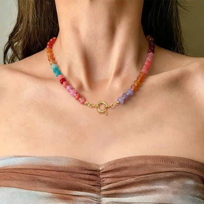 HAXIYA Colorful Beades Gemstone Necklace for Women Boho Beaded Choker | Rainbow Natural Stone Chunky Bead Surfer Summer Beach Necklaces Jewelry Hypoallergenic - color: Multi
