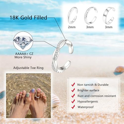 SONNYX 9Pcs 18K Gold Plated Gold Toe Rings for Women | Adjustable Silver Toe Rings Foot Jewelry for Summer Beach - color: Silver1