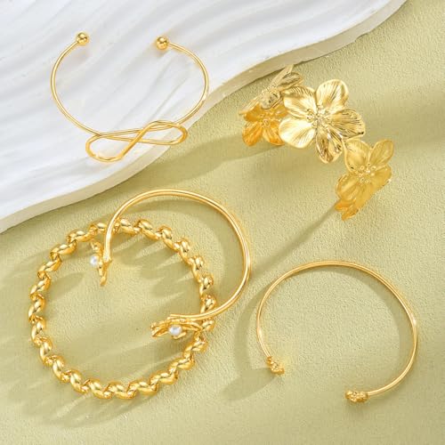 Golden Stackable Bracelets Set for Women Trendy Multi Layer Adjustable Chunk Flower Cuff Bracelet Geometric Irregular Wave Statement Bangle Glamour Stacking Cuff Jewelry - color: Gold-B