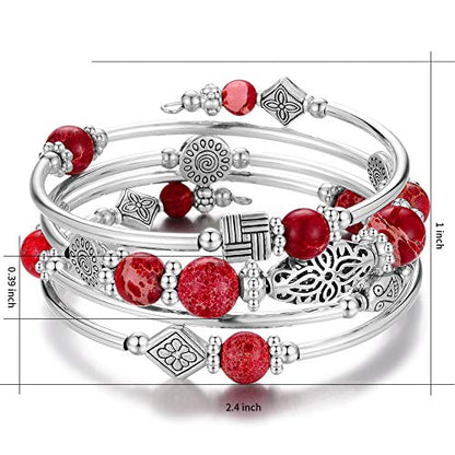 BULINLIN Layered Wrap Bangle Turquoise Bracelet - Bead Bracelet with Natural Agate Stone, Gifts For Women - color: 13-Imperial red