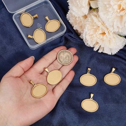 1 Box 10Pcs Oval Cabochon Settings Gold Stainless Steel Bezel 18 x 25mm Metal Photo Cameo Resin Cabochons Blanks Trays Pendant Base Charms for Jewelry Making Earrings Necklaces DIY Crafts - style: gold flattened round