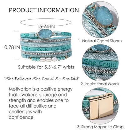 Artilady Leather Wrap Bracelet for Women, Pearl Beaded Bangle Stack Jewelry | Easy on-off, Elegant Handmade Multi-Layered, Daily Casual Date Beach Vacation, Gift for Ladies, Mother, Sister & Friend - style: So She Did, Blue