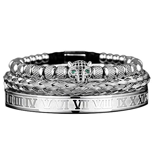 3pcs/set Classical Handmade Braiding Bracelet Hip Hop Men Pave CZ Leopard Head Roman Numeral Bracelet Stainless Steel Jewelry - color: 3pcs A Silver Set A