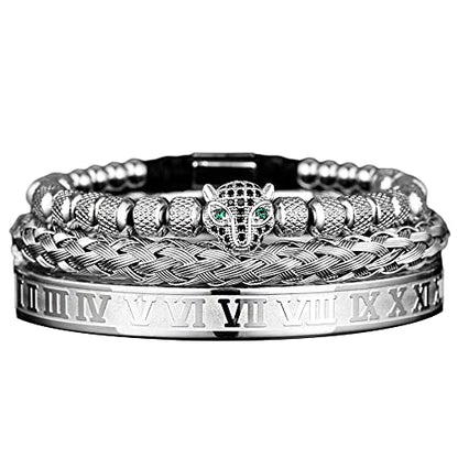3pcs/set Classical Handmade Braiding Bracelet Hip Hop Men Pave CZ Leopard Head Roman Numeral Bracelet Stainless Steel Jewelry - color: 3pcs A Silver Set A