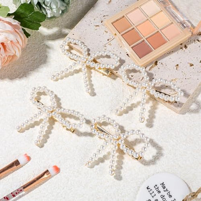 4Pcs Pearl Bow Hair Clips, Elegant Pearl Hair Accessories with Bow Design, Non-Slip Duckbill Clips for Women Girls, Perfect for Weddings, Proms, Parties, Daily Use