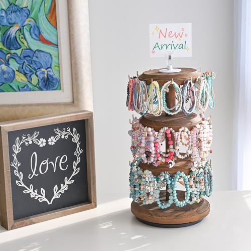 MOOCA 3-Tier Rotating Bracelet Display Stand with 42 Hooks, Jewelry Holder | 3-tier rotating wooden display with 42 hooks keeps bracelets, bangles, watches, and accessories organized and visible. - color: Brown, Round Shape
