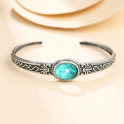 Bohemian Natural Stone Turquoise Engraved Cuff Bracelet Adjustable Wrap Bangle Western National Style for Women Gemstone Boho Jewelry - color: C