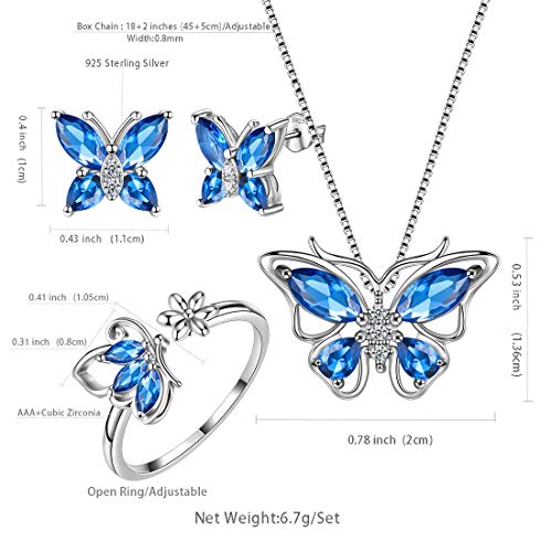 Aurora Tears Butterfly Jewelry,Women 925 Sterling Silver Butterflies Birthstone Pendant Necklace/Earrings/Rings Wedding Gift - color: I.September-set 2