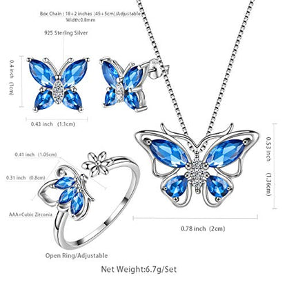 Aurora Tears Butterfly Jewelry,Women 925 Sterling Silver Butterflies Birthstone Pendant Necklace/Earrings/Rings Wedding Gift - color: I.September-set 2