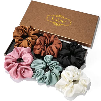 Lolalet Scrunchies for Women, Satin Hair Scrunchies Softer Than Silk Hair Ties for Hair Sleep, Big Scrunchy Ponytail Holder with Elastic Hair Bands for Girls Thick Thin Curly Hair -6 Pack, Style B - color: 4 - Satin/Purple, Green, White, Khaki, Brown, Bla