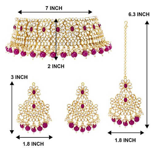 Aheli Faux Pearl Choker Necklace with Earrings Indian Traditional Bollywood Jewelry Set Gift for Women - color: Rani Pink & White