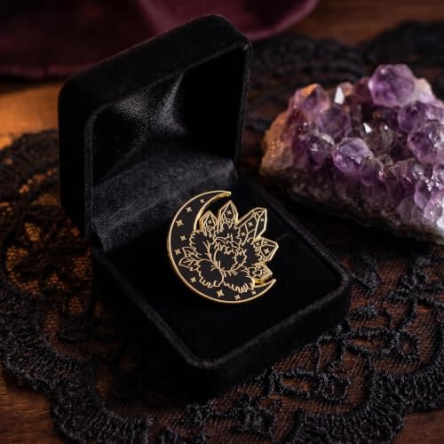Black Gold Crescent Moon Crystal Flower Enamel Pin, Witchy Celestial Floral Lapel Pin, Gothic Mystical Badge for Jackets Backpacks, Spiritual Gift for Witches Crystal Lovers Gothic Enthusiasts